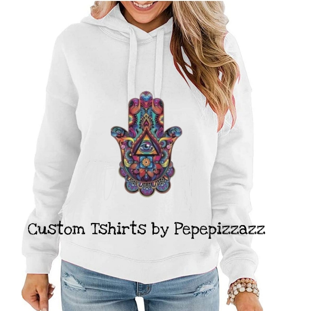 HAMSA EVIL EYE HOODIE SWEATSHIRT. COZY. HANDMADE